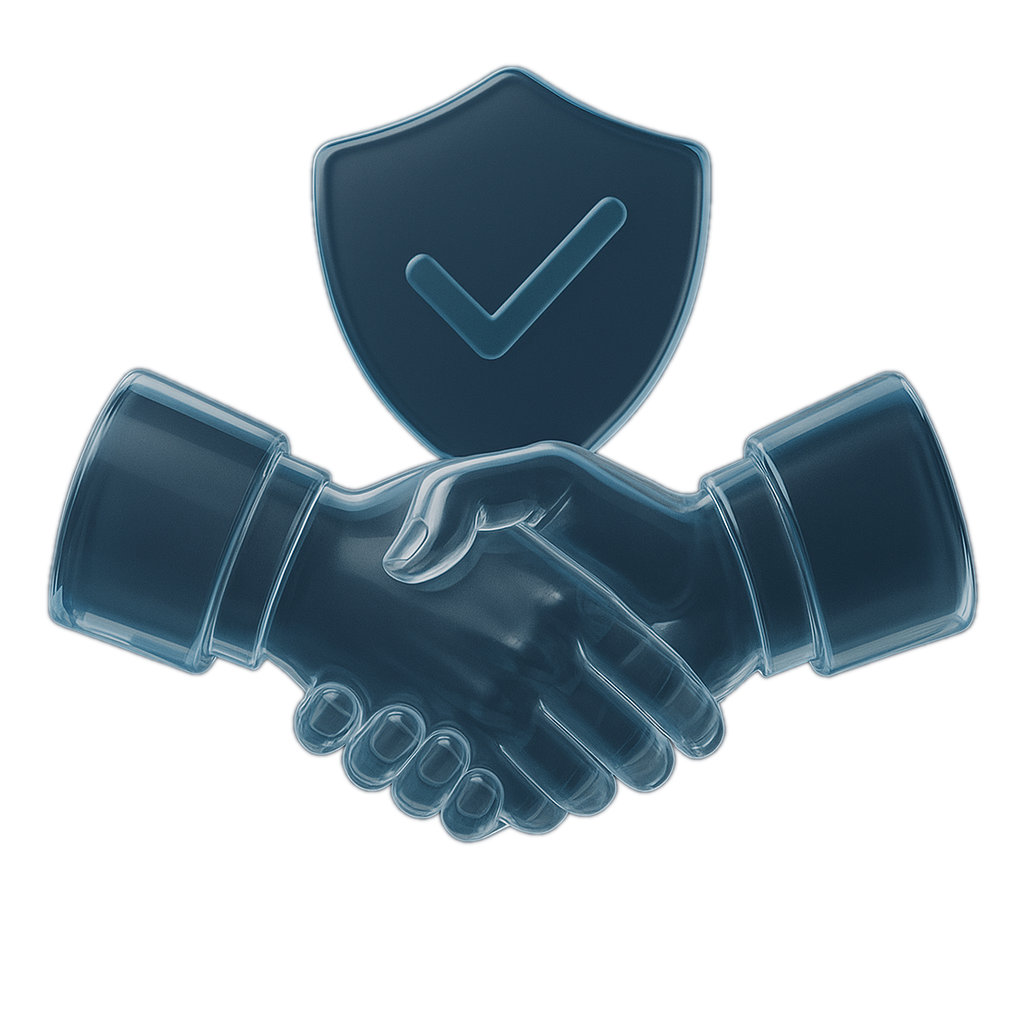 Защищённая сделка — стеклянное рукопожатие и щит с галочкой